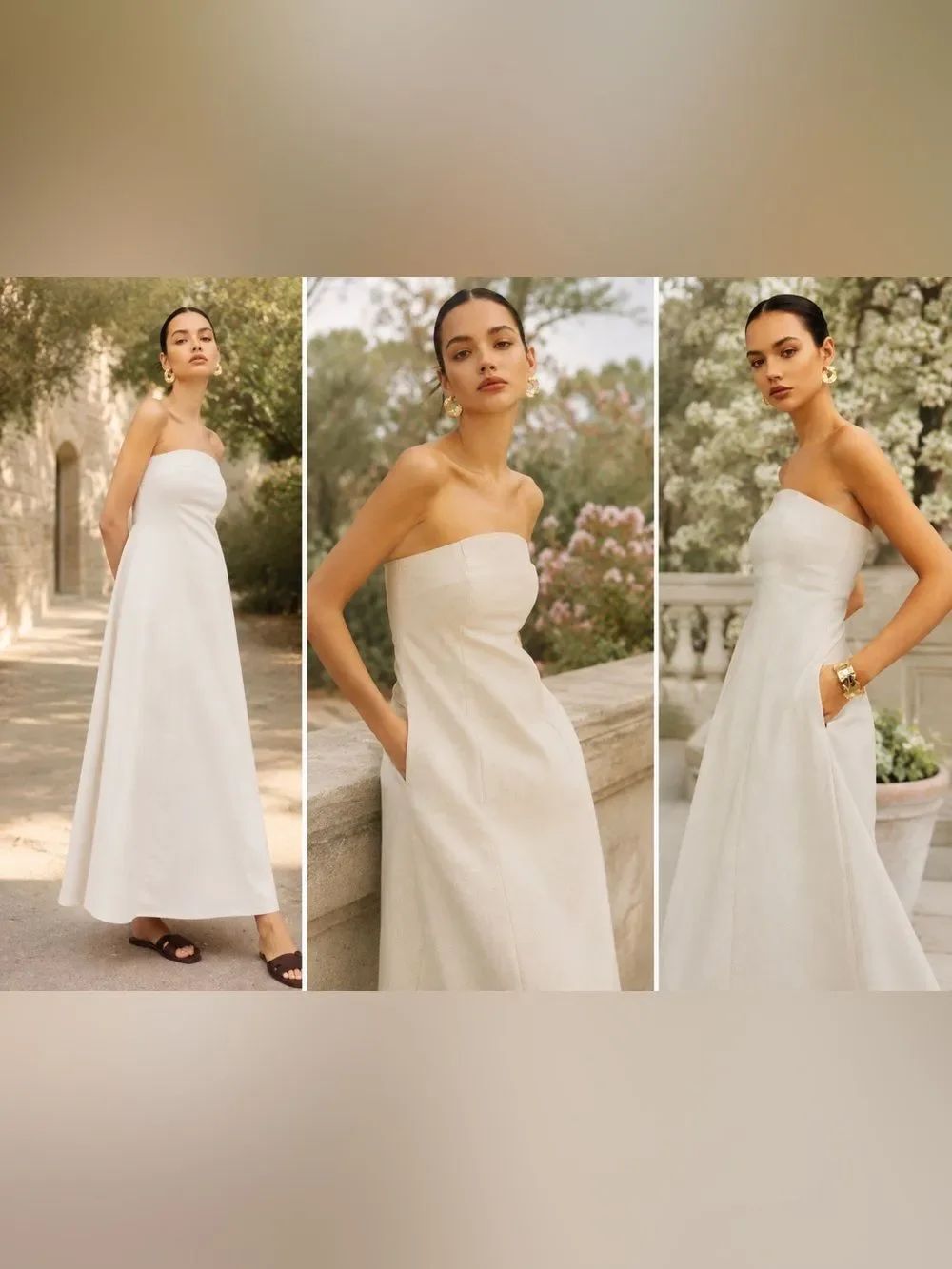 NWT COMMENSE Strapless Linen Blend Maxi Dress Neutral Coastal Quiet Luxury M